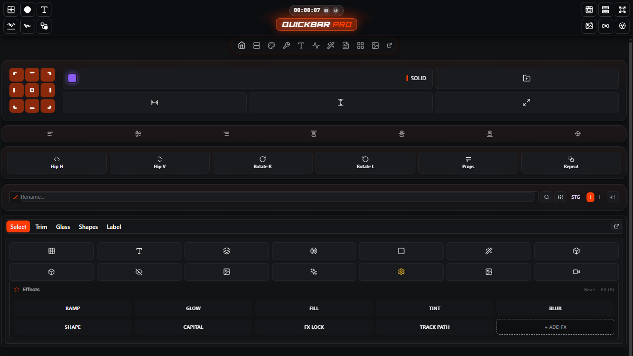 The Quickbar Pro Home panel in After Effects